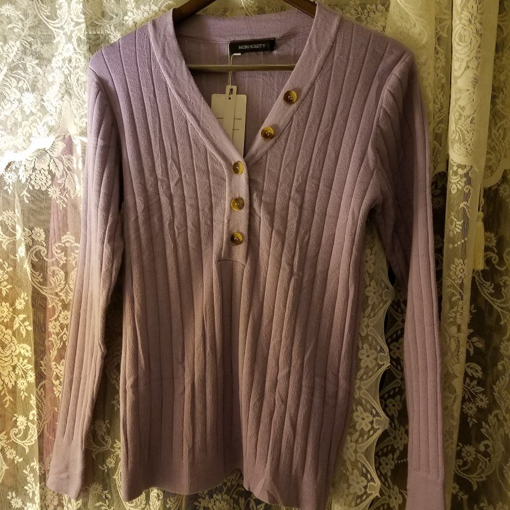 MEROKEETY HENLEY STYLE SWEATER NWT LAVENDER WOMEN'S MEDIUM